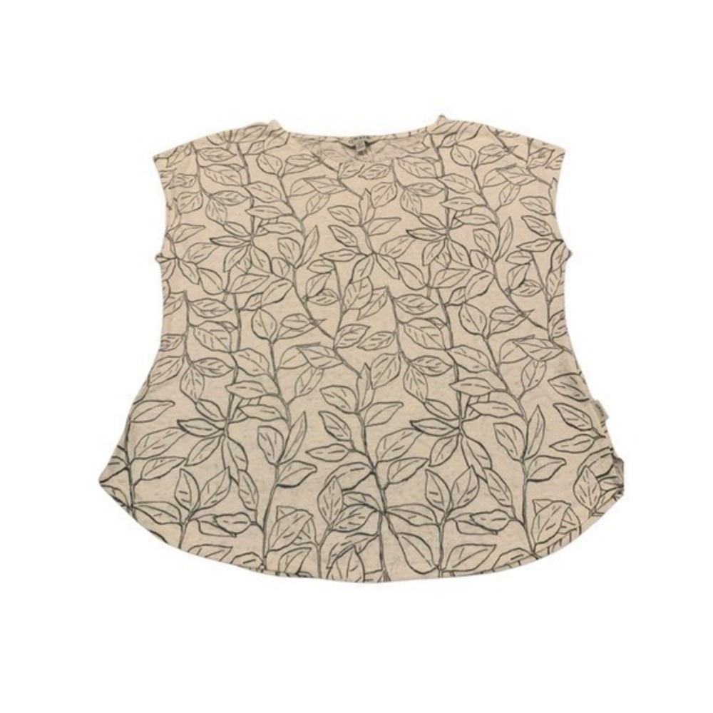 Orvis Leaf Print Top Women Small Cream Linen Blend Cap Sleeve Coastal Naturecore
